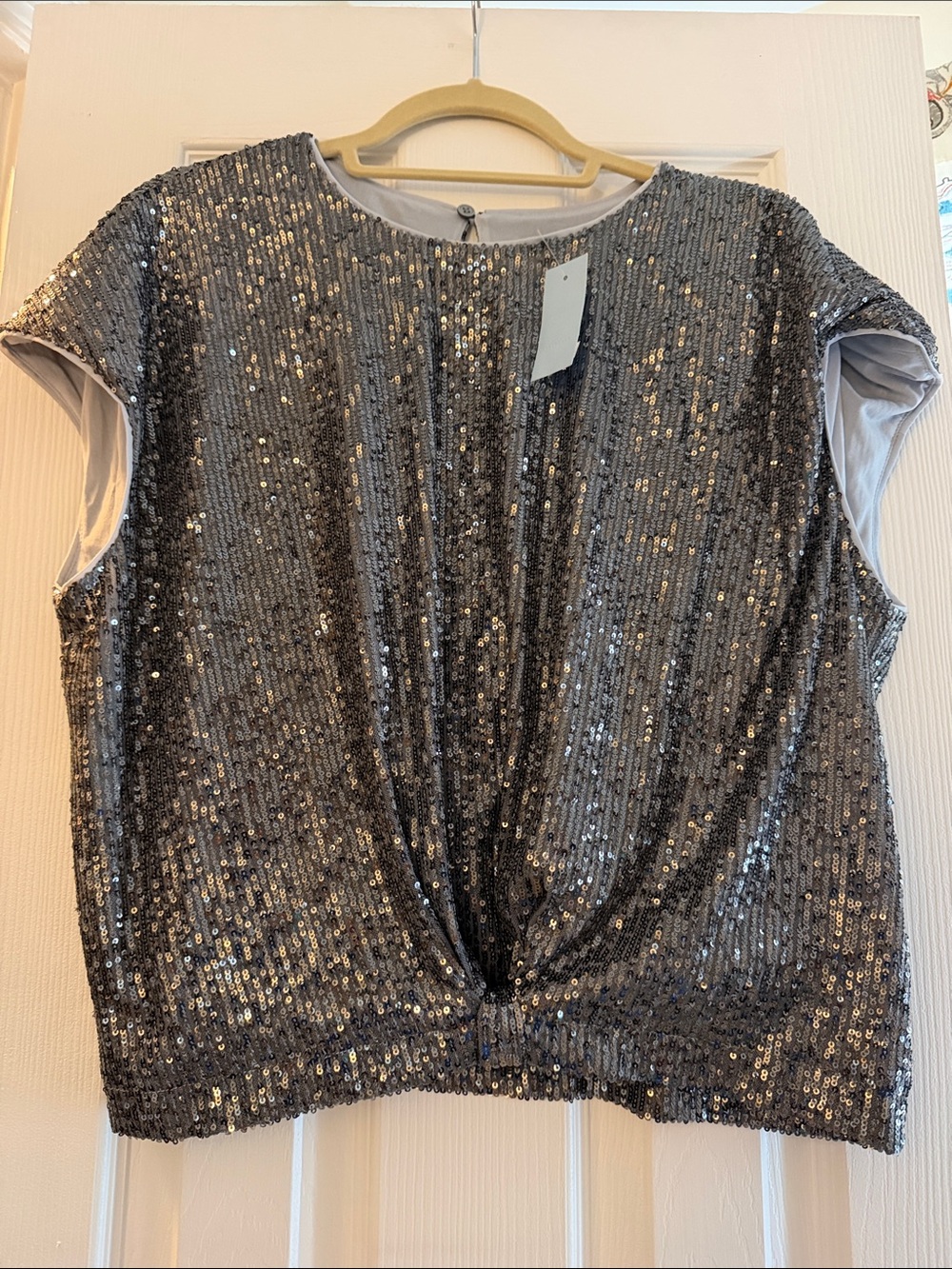 LOFT Silver Sequin Short Sleeve Twist Front Top